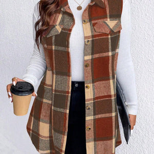 Honey Plus Size Pocketed Plaid Button Up Vest Coat