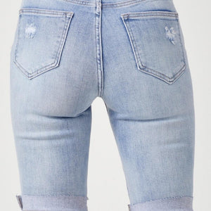 RISEN High Rise Distressed Denim Bermuda Shorts