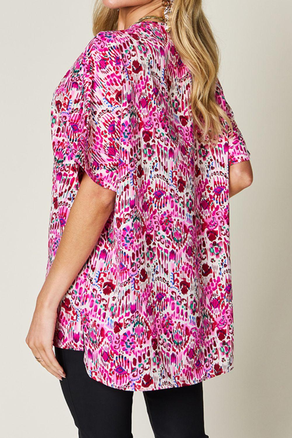 Double Take Full Size Printed V-Neck Short Sleeve Blouse