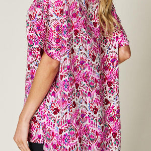 Double Take Full Size Printed V-Neck Short Sleeve Blouse