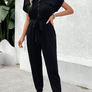 Perfee V-Neck Short Sleeve Jumpsuit