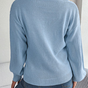 Cable-Knit V-Neck Lantern Sleeve Sweater