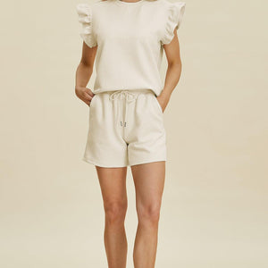 Double Take Full Size Texture Round Neck Ruffle Sleeve Top and Shorts Set