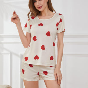 Heart Round Neck Top and Shorts Lounge Set