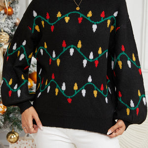 Round Neck Pattern Lantern Sleeve Sweater