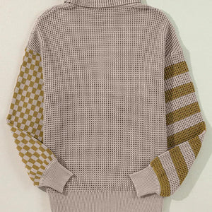 Checkered Striped Turtleneck Long Sleeve Sweater