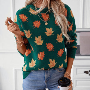 Maple Leaf Round Neck Long Sleeve Sweater