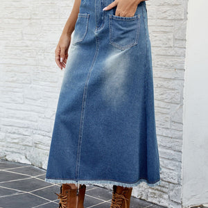 Raw Hem Buttoned Denim Skirt with Pockets