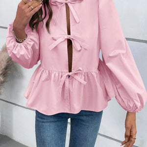 Ivy Lane Peplum Tied Long Sleeve Blouse