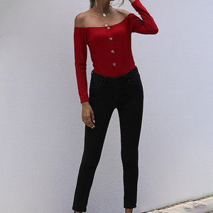 Perfee Decorative Button Off-Shoulder Long Sleeve Bodysuit