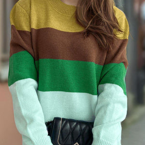 Color Block Round Neck Long Sleeve Sweater