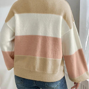 Color Block Round Neck Lantern Sleeve Sweater