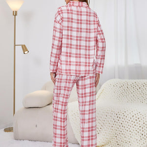 Plaid Collared Neck Long Sleeve Top and Pants Lounge Set