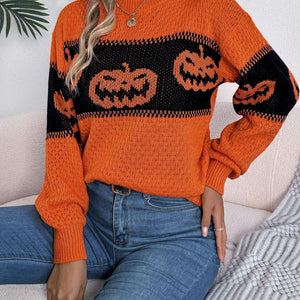 Pumpkin Round Neck Long Sleeve Sweater