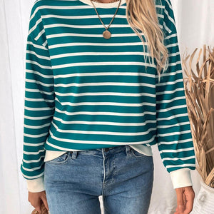 Perfee Striped Contrast Round Neck Long Sleeve Sweatshirt