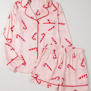 Candy Cane Collared Neck Long Sleeve Top and Shorts Lounge Set