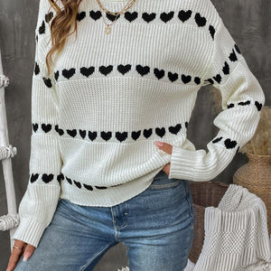 Perfee Heart Round Neck Long Sleeve Sweater