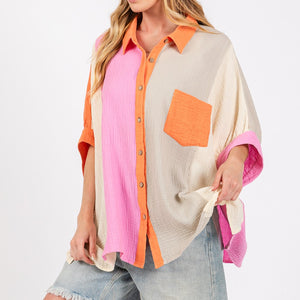 SAGE + FIG Full Size Color Block Button-Down Shirt