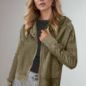 Double Take Waffle-Knit Zip Up Long Sleeve Hooded Jacket