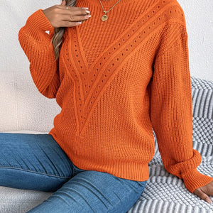 Openwork Round Neck Long Sleeve Sweater