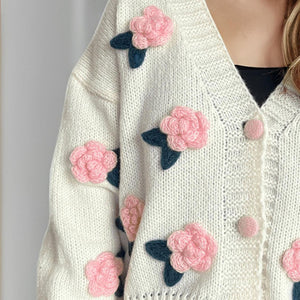 Flower Button Down V-Neck Long Sleeve Cardigan