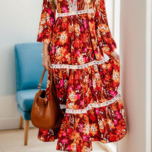 Printed V-Neck Long Sleeve Midi Dress