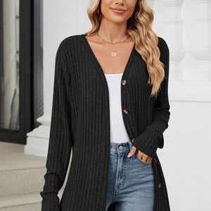 Ribbed Button Up Long Sleeve Cardigan