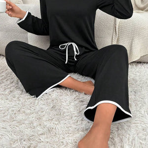 Contrast Trim Notched Long Sleeve Top and Pants Lounge Set