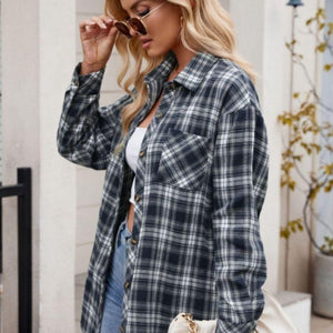 Mandy Pocketed Plaid Collared Neck Long Sleeve Shirt