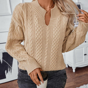 Cable-Knit Notched Long Sleeve Sweater