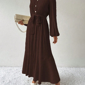 Half Button Tie Waist Long Sleeve Maxi Dress