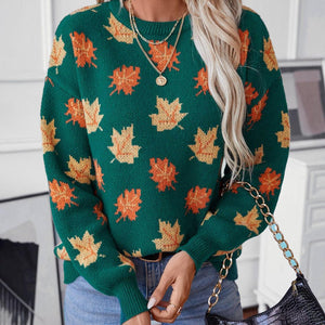 Maple Leaf Round Neck Long Sleeve Sweater