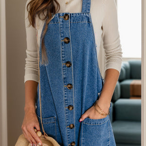 Square Neck Wide Strap Denim Overall Dress