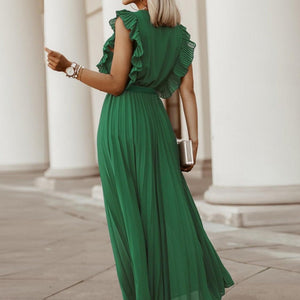 Tied Surplice Cap Sleeve Pleated Dress