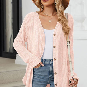 Ribbed Button Up Long Sleeve Cardigan