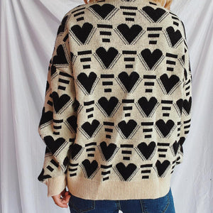 Heart Contrast Long Sleeve Dropped Shoulder Sweater