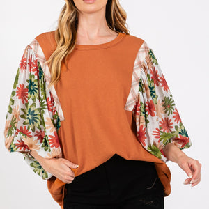 SAGE + FIG Full Size Printed Balloon Sleeve Contrast Top