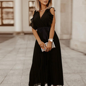 Tied Surplice Cap Sleeve Pleated Dress