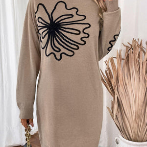 Perfee Flower Mock Neck Long Sleeve Sweater Dress