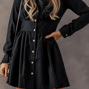 Ruched Button Up Long Sleeve Dress