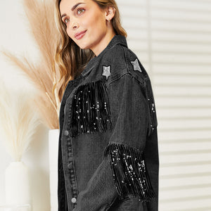 Fringe Detail Long Sleeve Denim Jacket