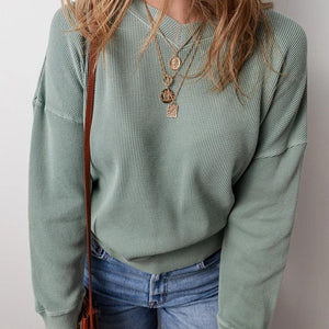 Waffle-Knit Long Sleeve Dropped Shoulder Top