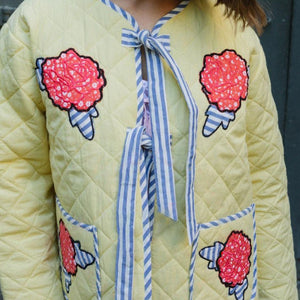 Embroidered Flower Tied Long Sleeve Winter Coat