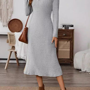 Collared Neck Long Sleeve Midi Dress