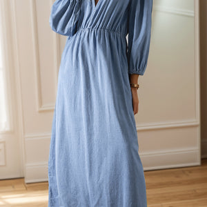 Tied Plunge Three-Quarter Sleeve Denim Dress