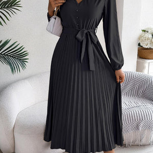 Pleated Tied V-Neck Long Sleeve Dress