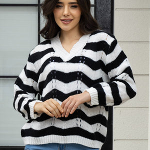 Openwork Striped V-Neck Sweater