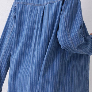 Striped Texture Collared Neck Denim Top