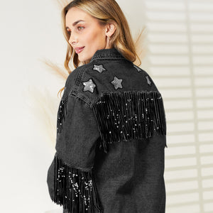 Fringe Detail Long Sleeve Denim Jacket