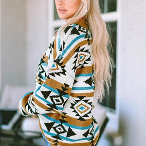 Full Size Geometric Round Neck Long Sleeve Sweater